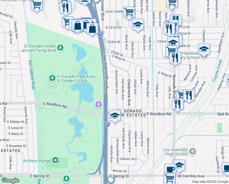 map of restaurants, bars, coffee shops, grocery stores, and more near 7825 East Topia Street in Long Beach