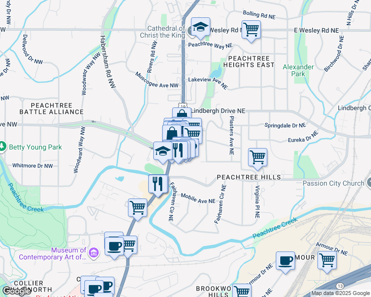 map of restaurants, bars, coffee shops, grocery stores, and more near 2333 Peachtree Road in Atlanta