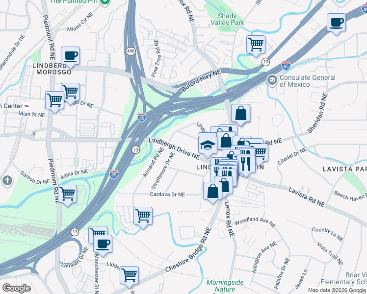 map of restaurants, bars, coffee shops, grocery stores, and more near 977 Lindridge Way Northeast in Atlanta