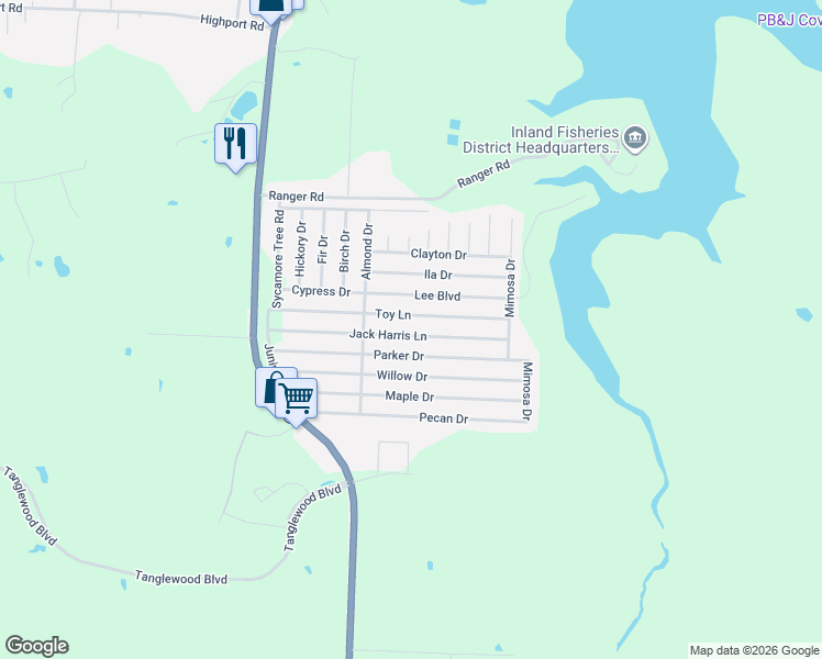 map of restaurants, bars, coffee shops, grocery stores, and more near 352 Toy Lane in Pottsboro