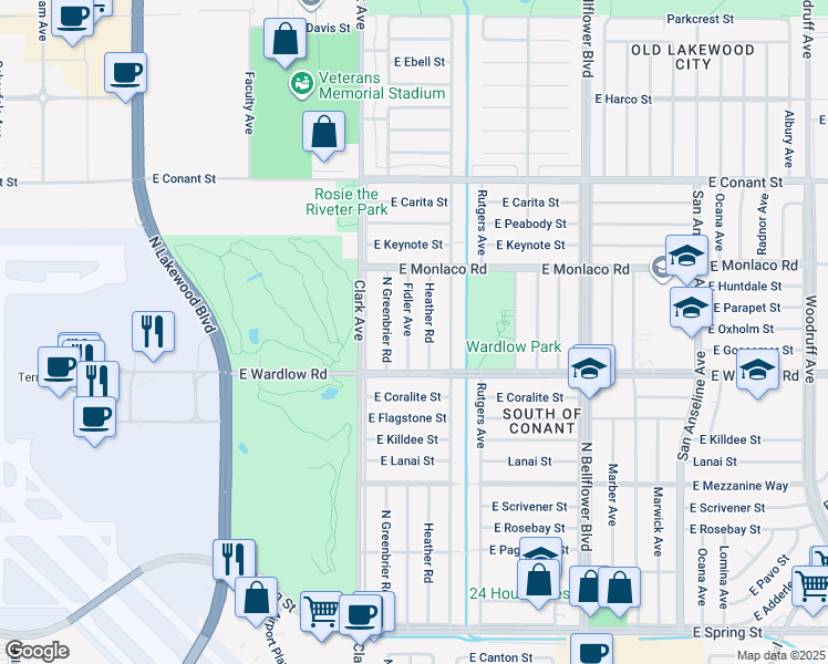 map of restaurants, bars, coffee shops, grocery stores, and more near 3442 Fidler Avenue in Long Beach