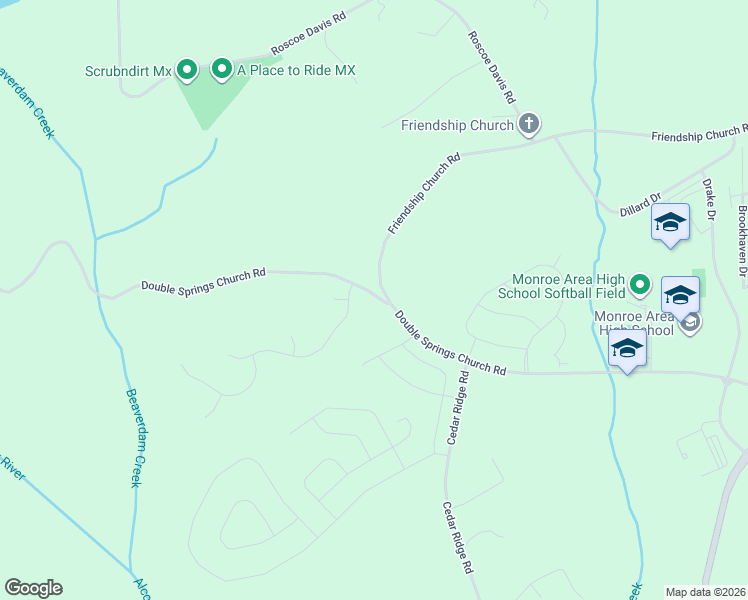 map of restaurants, bars, coffee shops, grocery stores, and more near 1500 Double Springs Church Road in Monroe