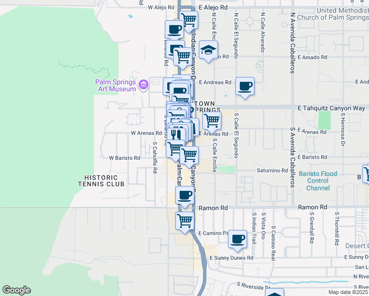 map of restaurants, bars, coffee shops, grocery stores, and more near 221 South Palm Canyon Drive in Palm Springs