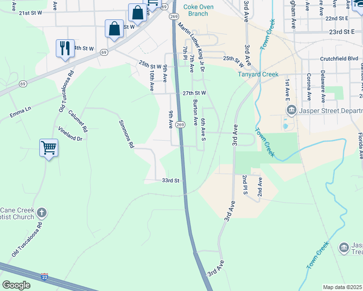 map of restaurants, bars, coffee shops, grocery stores, and more near 2900 Alabama 269 in Jasper
