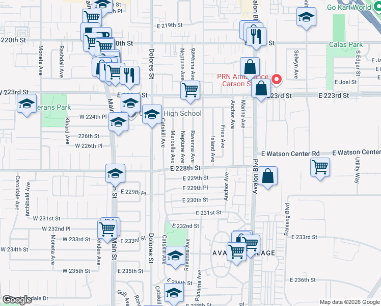 map of restaurants, bars, coffee shops, grocery stores, and more near 22709 Ravenna Avenue in Carson