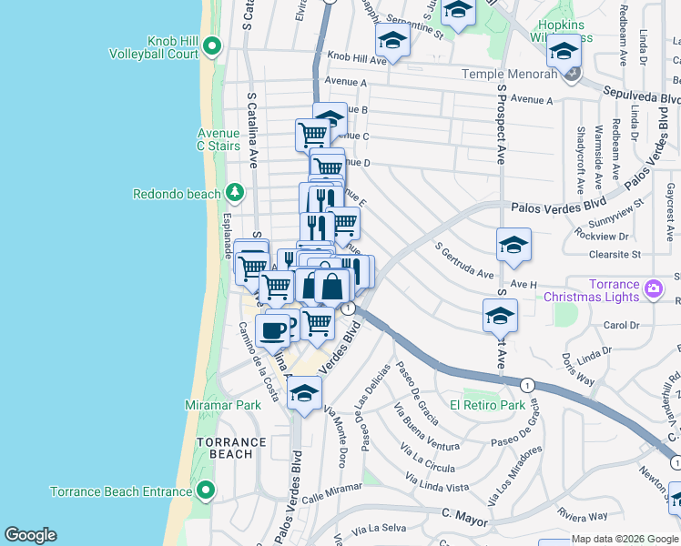 map of restaurants, bars, coffee shops, grocery stores, and more near Riviera Village Way in Redondo Beach