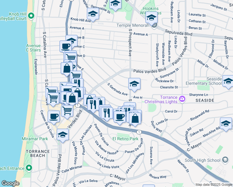 map of restaurants, bars, coffee shops, grocery stores, and more near 1325 South Gertruda Avenue in Redondo Beach