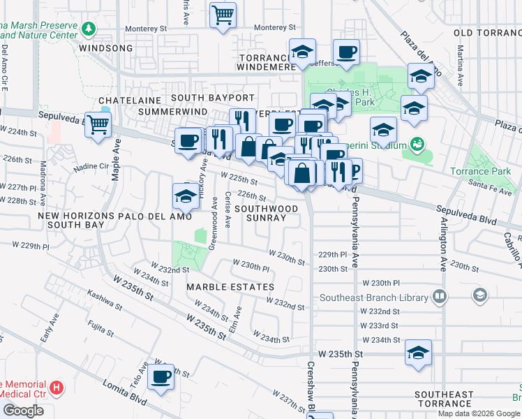 map of restaurants, bars, coffee shops, grocery stores, and more near 2602 West 226th Street in Torrance