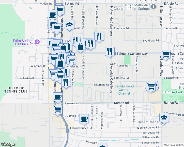 map of restaurants, bars, coffee shops, grocery stores, and more near 751 East Arenas Road in Palm Springs