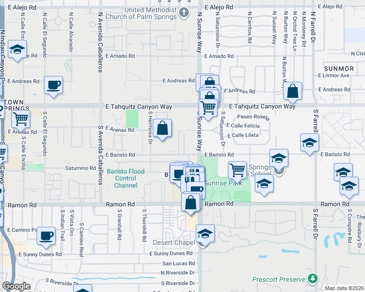 map of restaurants, bars, coffee shops, grocery stores, and more near 1508 East Baristo Road in Palm Springs