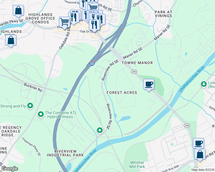 map of restaurants, bars, coffee shops, grocery stores, and more near 2340 Elmwood Circle Southeast in Smyrna