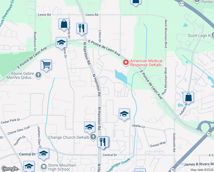 map of restaurants, bars, coffee shops, grocery stores, and more near 4826 Hairston Park Square in Stone Mountain