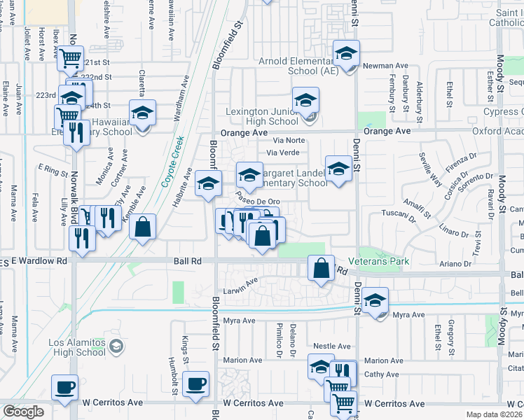 map of restaurants, bars, coffee shops, grocery stores, and more near 4160 Paseo De Oro in Cypress