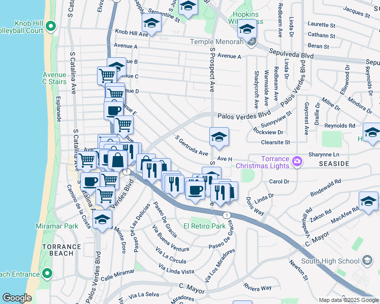 map of restaurants, bars, coffee shops, grocery stores, and more near 1325 South Gertruda Avenue in Redondo Beach