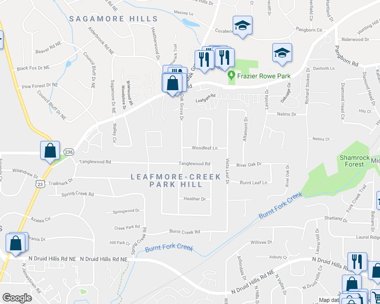 map of restaurants, bars, coffee shops, grocery stores, and more near 2367 Woodleaf Lane in Decatur