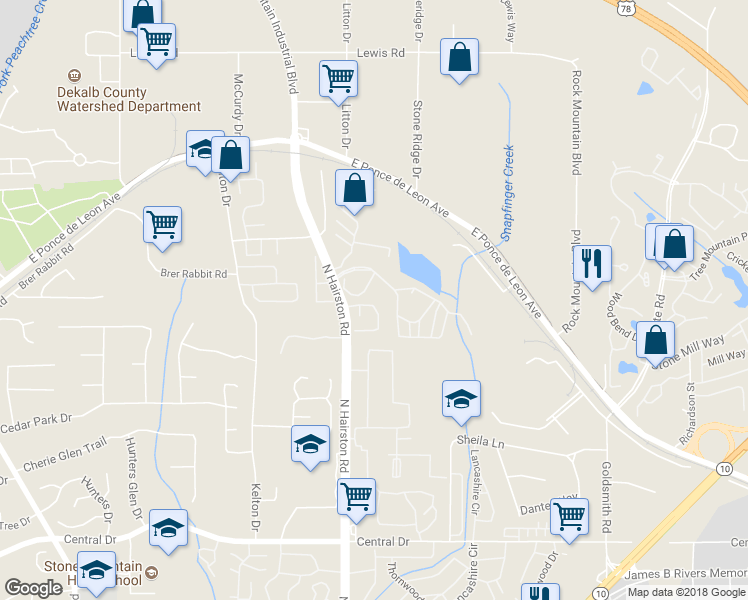 map of restaurants, bars, coffee shops, grocery stores, and more near 4826 Hairston Park Square in Stone Mountain
