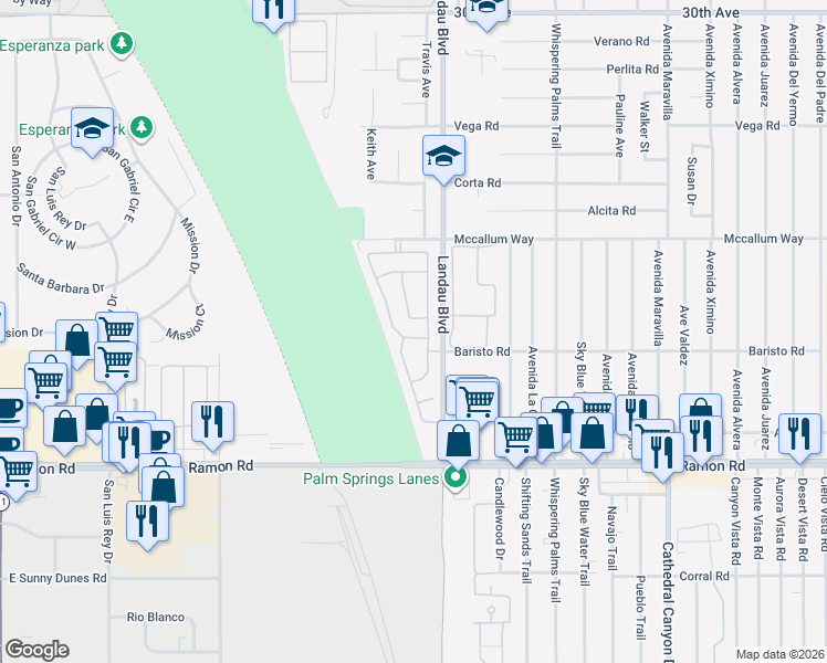 map of restaurants, bars, coffee shops, grocery stores, and more near 67872 Calle Cayuga in Cathedral City