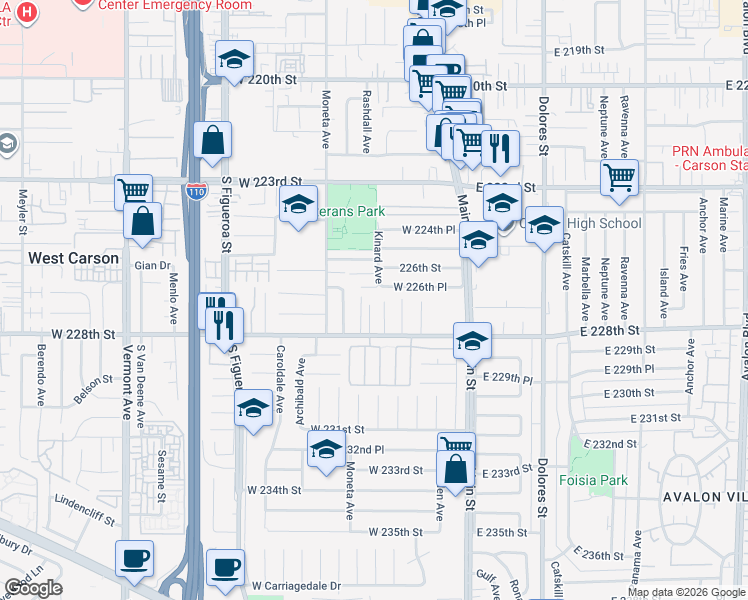 map of restaurants, bars, coffee shops, grocery stores, and more near 226 West 226th Place in Carson