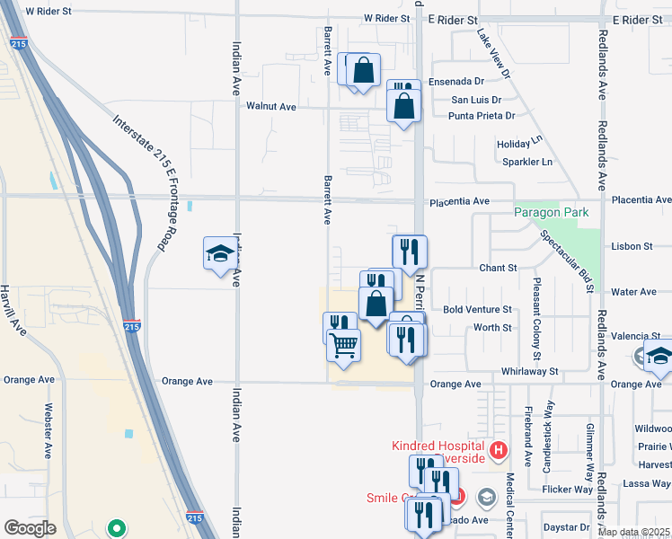 map of restaurants, bars, coffee shops, grocery stores, and more near 2700 North Perris Boulevard in Perris