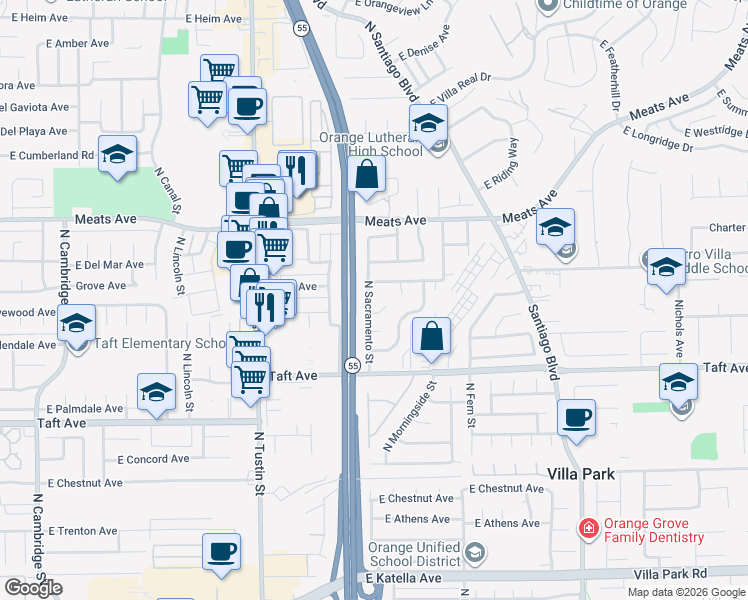 map of restaurants, bars, coffee shops, grocery stores, and more near 1947 North Sacramento Street in Orange