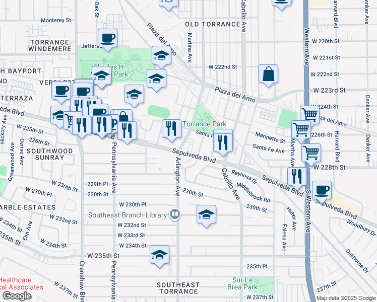 map of restaurants, bars, coffee shops, grocery stores, and more near 2185 W Sepulveda Blvd in Torrance