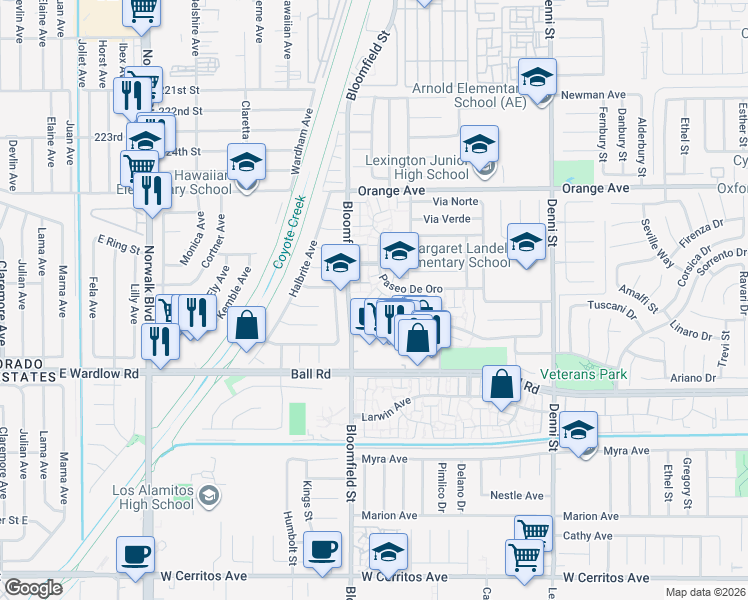 map of restaurants, bars, coffee shops, grocery stores, and more near 4045 Via Encinas in Cypress