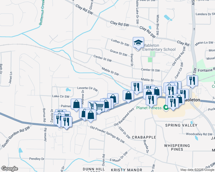 map of restaurants, bars, coffee shops, grocery stores, and more near 1179 Vonda Lane Southwest in Mableton