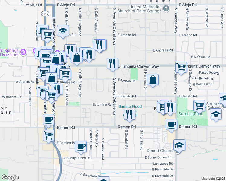 map of restaurants, bars, coffee shops, grocery stores, and more near 255 South Avenida Caballeros in Palm Springs
