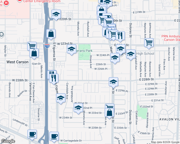 map of restaurants, bars, coffee shops, grocery stores, and more near 22706 Rashdall Avenue in Carson