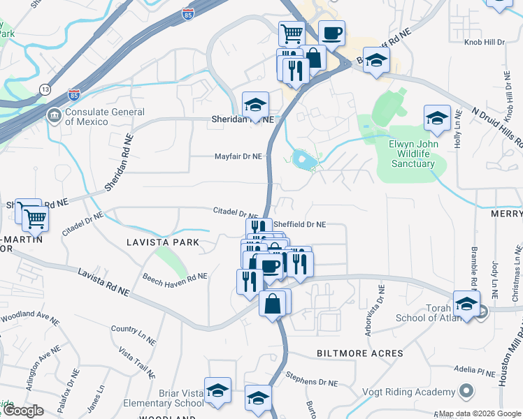 map of restaurants, bars, coffee shops, grocery stores, and more near 2260 Briarcliff Road Northeast in Atlanta