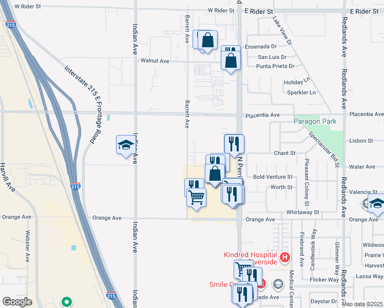 map of restaurants, bars, coffee shops, grocery stores, and more near 2700 North Perris Boulevard in Perris