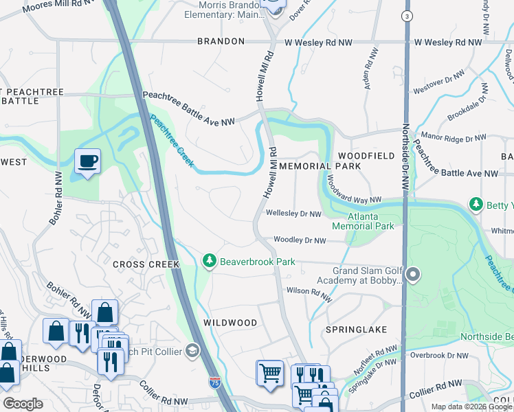 map of restaurants, bars, coffee shops, grocery stores, and more near 2358 Howell Mill Road Northwest in Atlanta