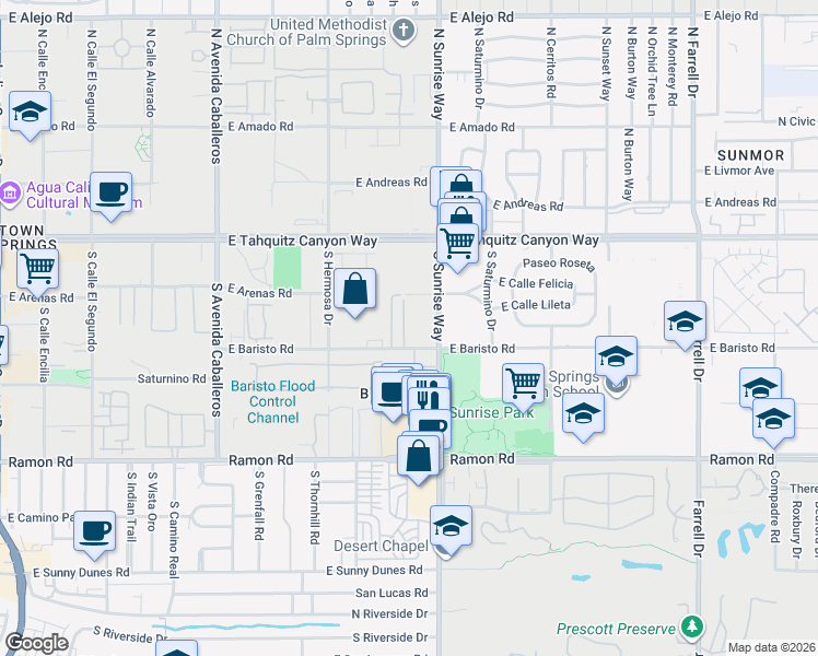 map of restaurants, bars, coffee shops, grocery stores, and more near 1532 East Baristo Road in Palm Springs