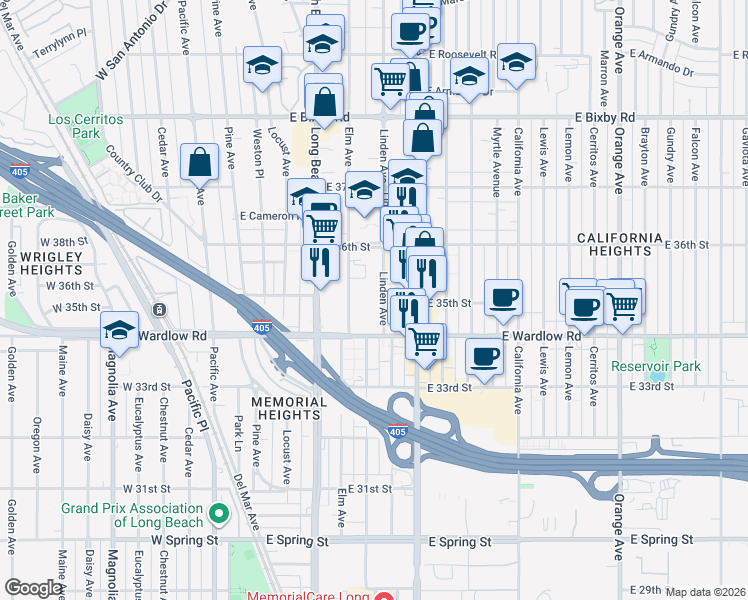 map of restaurants, bars, coffee shops, grocery stores, and more near 3515 Linden Avenue in Long Beach