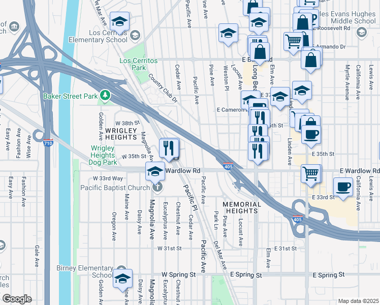 map of restaurants, bars, coffee shops, grocery stores, and more near 3501 Cedar Avenue in Long Beach