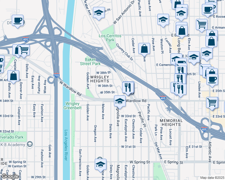 map of restaurants, bars, coffee shops, grocery stores, and more near 3523 Magnolia Avenue in Long Beach