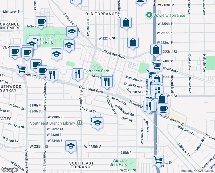 map of restaurants, bars, coffee shops, grocery stores, and more near 2652 Cabrillo Avenue in Torrance