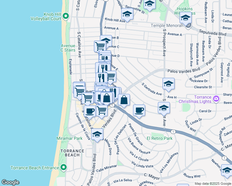 map of restaurants, bars, coffee shops, grocery stores, and more near 331 Avenue G in Redondo Beach