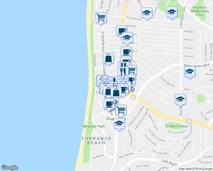 map of restaurants, bars, coffee shops, grocery stores, and more near 205 Avenue H in Redondo Beach