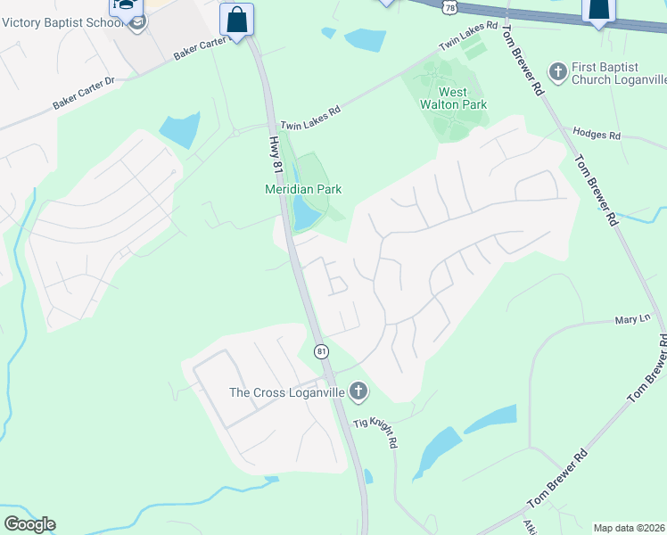 map of restaurants, bars, coffee shops, grocery stores, and more near 233 Tara Commons Walk in Loganville