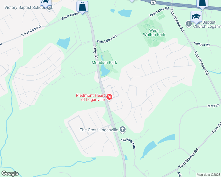 map of restaurants, bars, coffee shops, grocery stores, and more near 132 Tara Commons Drive in Loganville