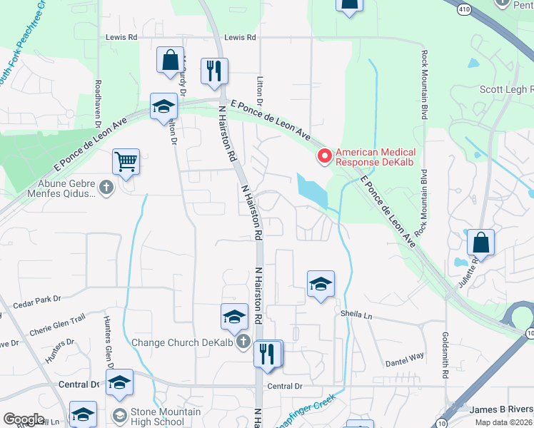 map of restaurants, bars, coffee shops, grocery stores, and more near 2 Brooks Crossing Drive in Stone Mountain