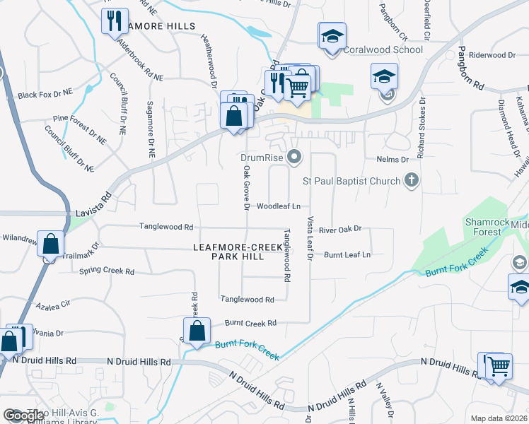 map of restaurants, bars, coffee shops, grocery stores, and more near 2367 Woodleaf Lane in Decatur