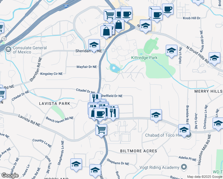 map of restaurants, bars, coffee shops, grocery stores, and more near 1386 Sheffield Glen Way Northeast in Atlanta