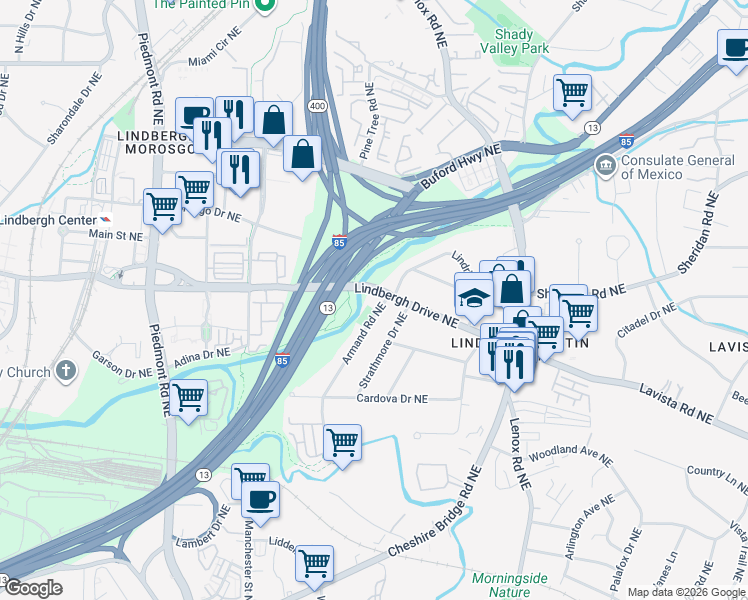 map of restaurants, bars, coffee shops, grocery stores, and more near 903 Lindbergh Drive Northeast in Atlanta
