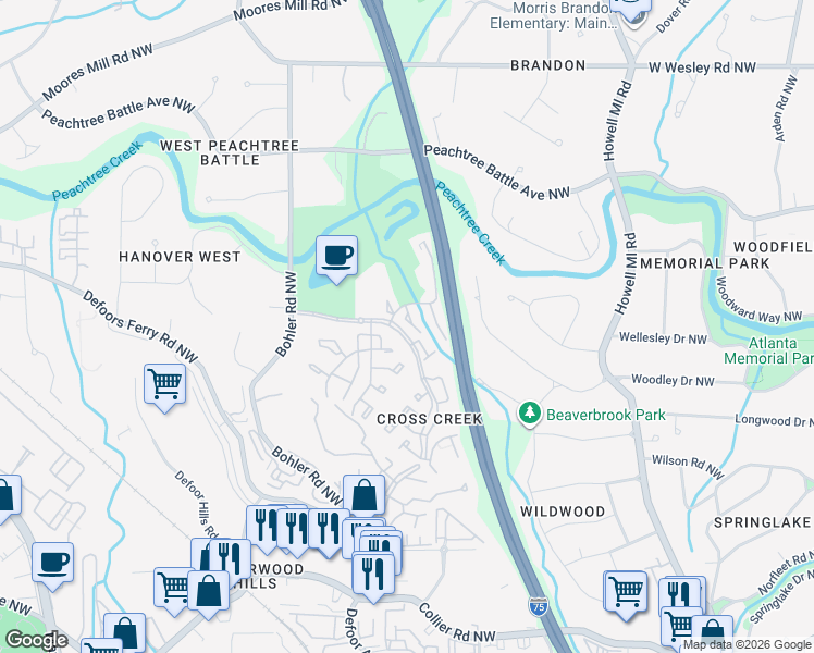 map of restaurants, bars, coffee shops, grocery stores, and more near 44 Monet Court Northwest in Atlanta