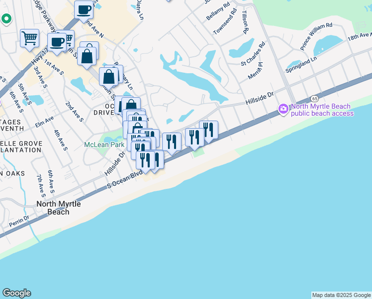 map of restaurants, bars, coffee shops, grocery stores, and more near 251 North Ocean Boulevard in North Myrtle Beach
