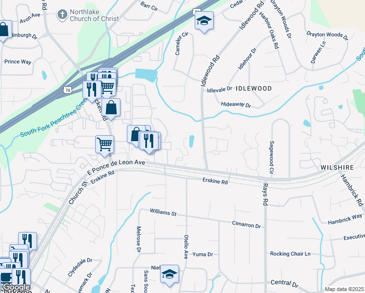map of restaurants, bars, coffee shops, grocery stores, and more near 4692 East Ponce de Leon Avenue in Stone Mountain