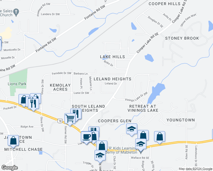 map of restaurants, bars, coffee shops, grocery stores, and more near 121 Leland Drive in Mableton