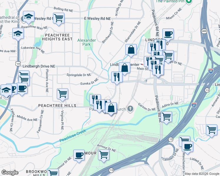 map of restaurants, bars, coffee shops, grocery stores, and more near 480 Peachtree Hills Avenue Northeast in Atlanta